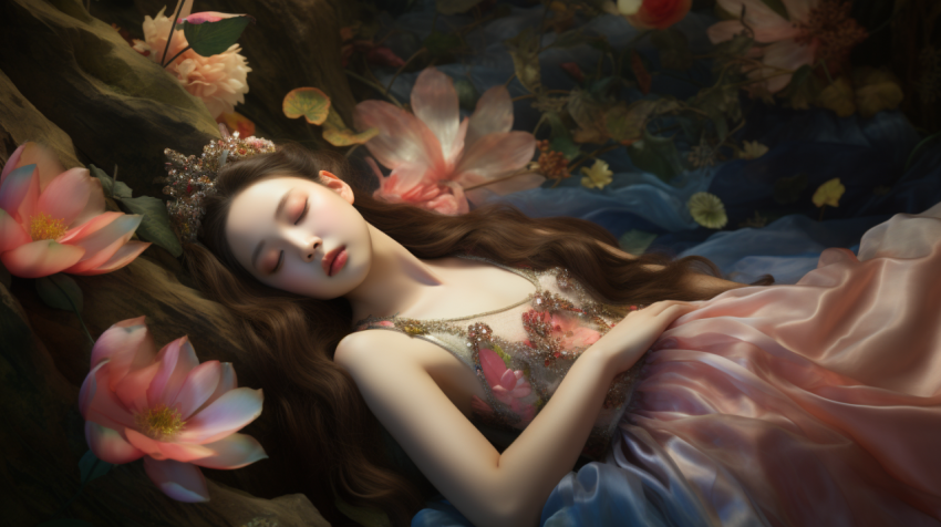 little women Holy Asian Flower fairy just wake up one the big flower. living in jungle.