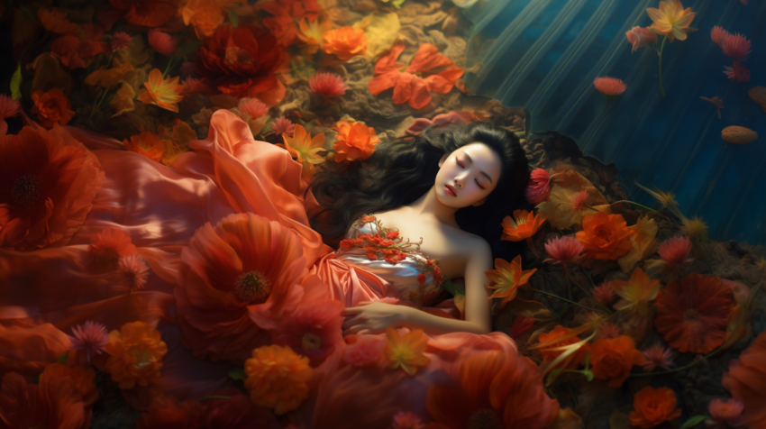 little women Holy Asian Flower fairy just wake up one the big flower. living in jungle.