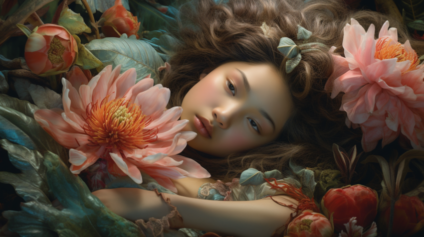 little women Holy Asian Flower fairy just wake up one the big flower. living in jungle.