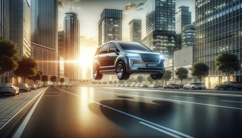 A high-tech sports car races through the streets at night, casting a twinkling neon light over the sleepless city.