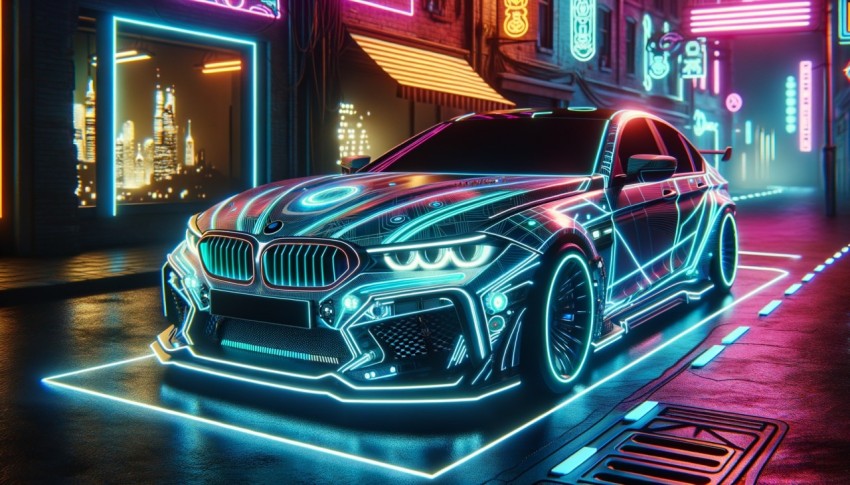 A high-tech sports car races through the streets at night, casting a twinkling neon light over the sleepless city.